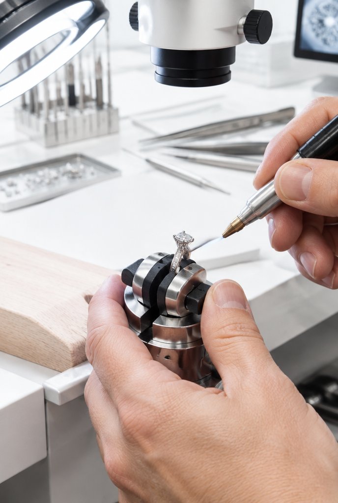 Jeweler setting a diamond ring at the workbench