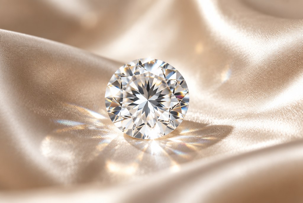 Round brilliant natural diamond macro on champagne silk with light refraction