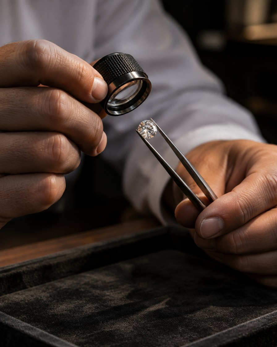 Jeweler examining a round diamond with a loupe and tweezers at the workbench