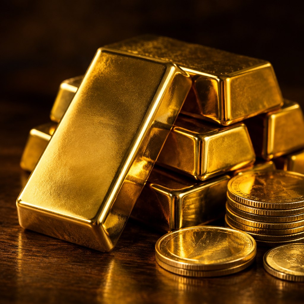 Fine gold bars and coins showing pure gold's rich color