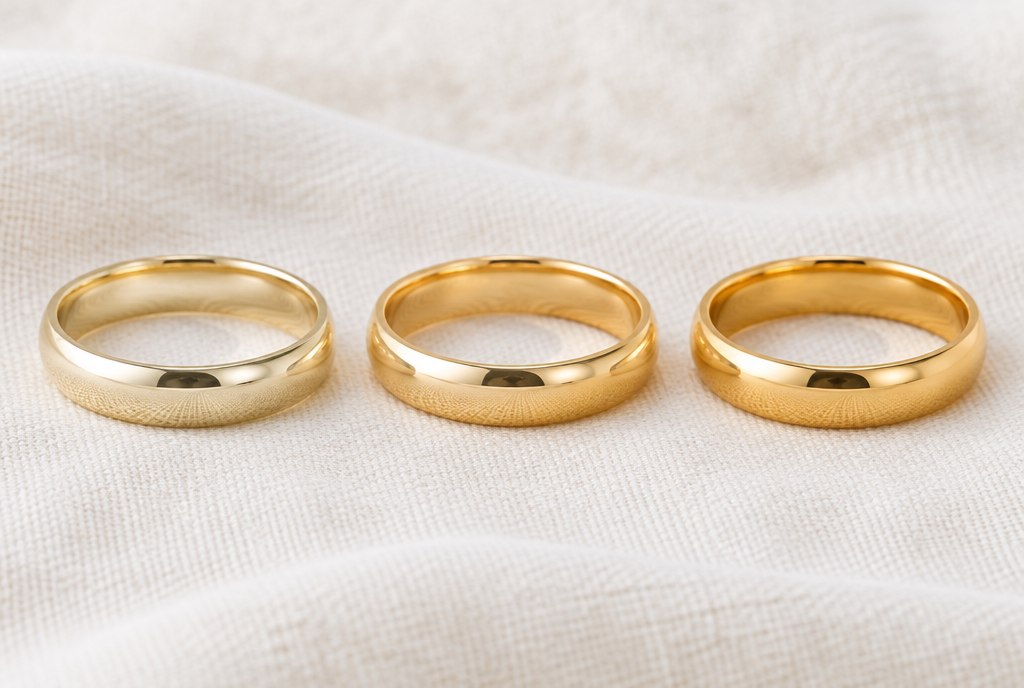 Three gold rings in 10K, 14K and 18K yellow gold side by side showing karat color differences