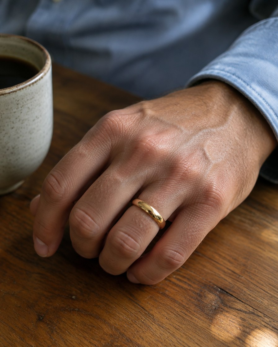 Hand wearing a solid gold band in warm natural light