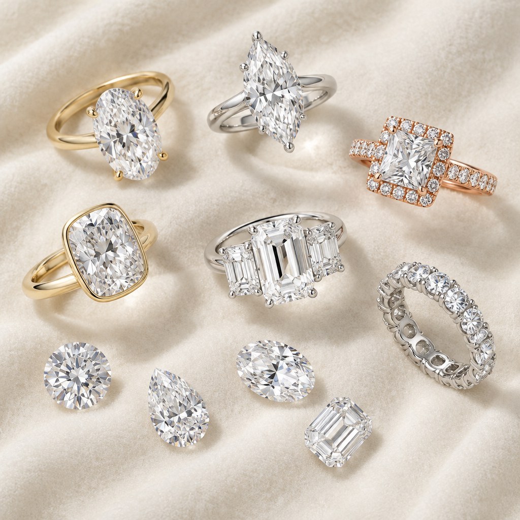 Lab-grown diamond rings and loose certified diamonds on ivory silk