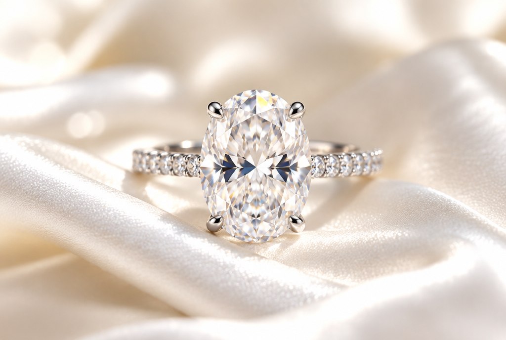 Oval lab-grown diamond engagement ring on ivory silk