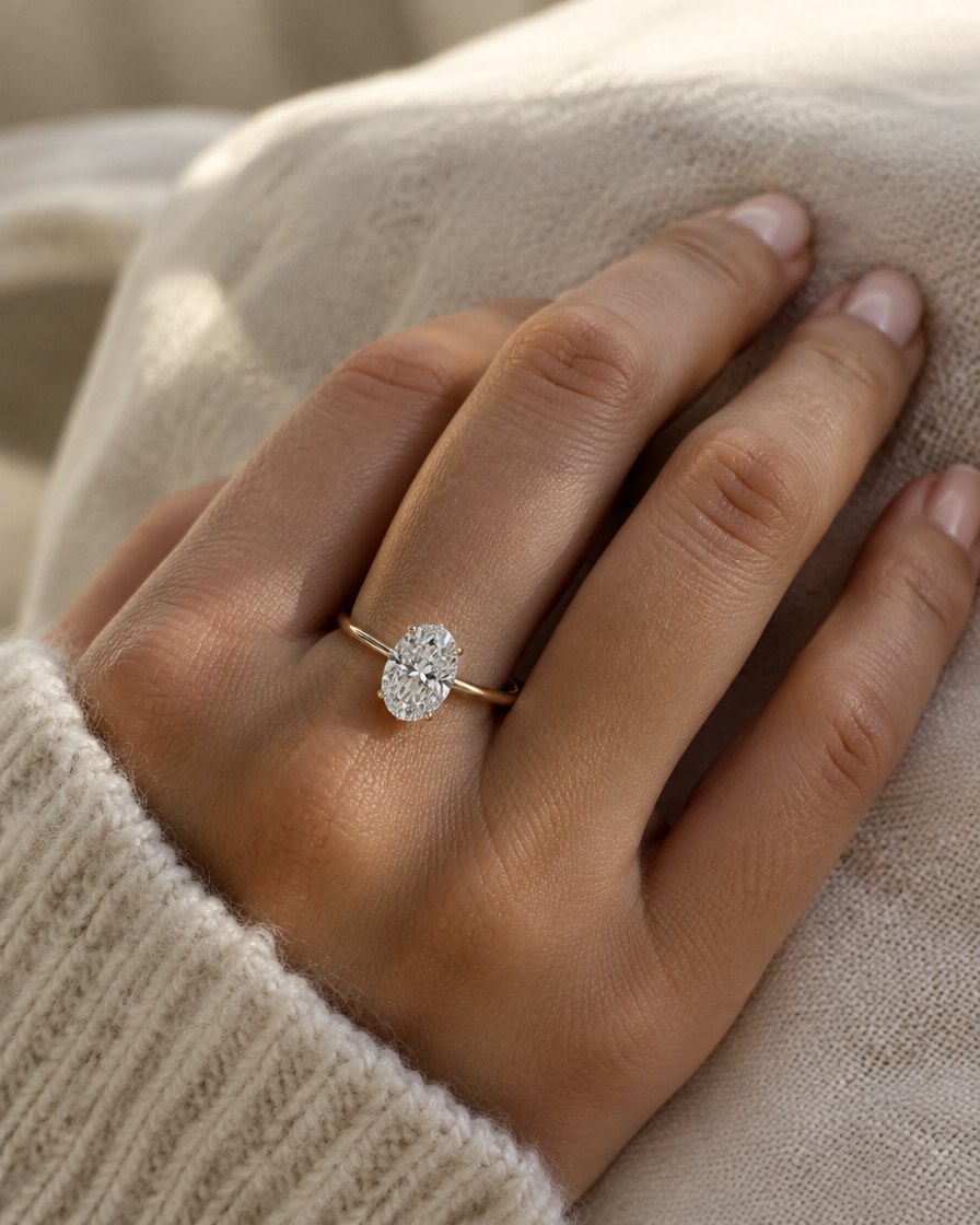 Hand wearing an oval lab-grown diamond solitaire ring