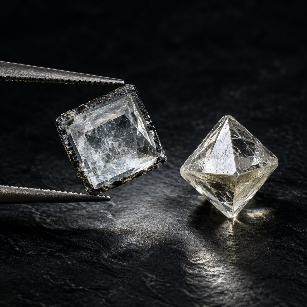 Rough lab-grown diamond crystals fresh from the growth press