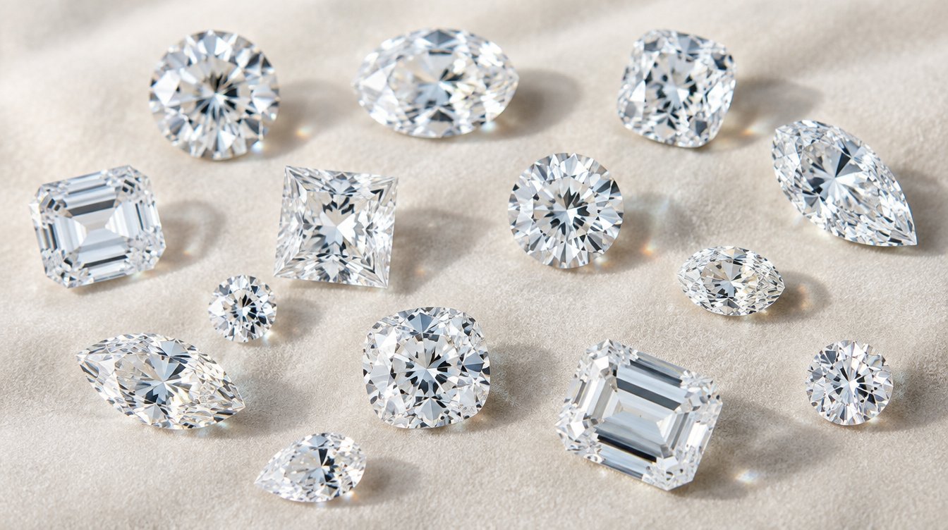Loose certified lab-grown diamonds in round, oval, emerald and princess cuts