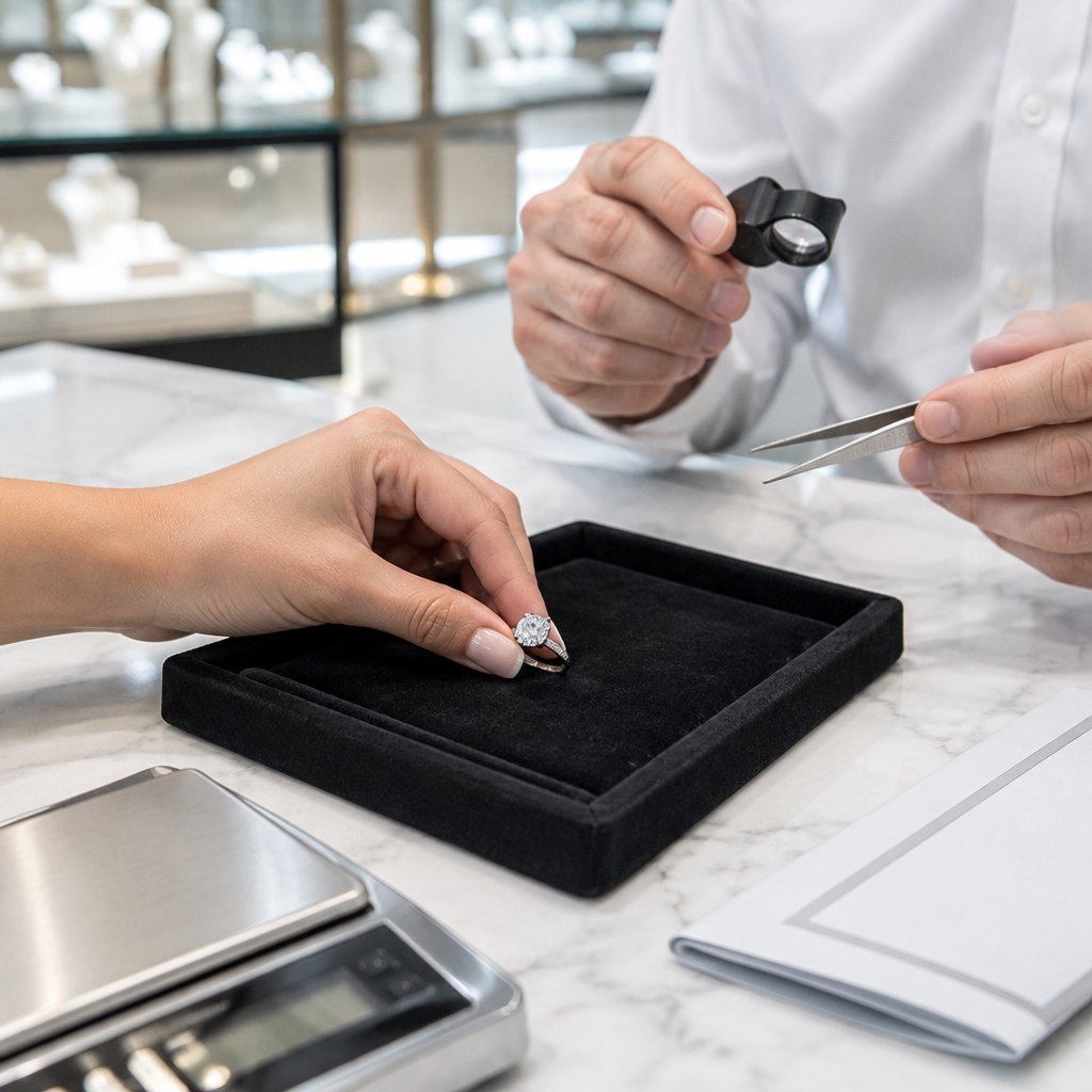 A diamond being appraised with a loupe