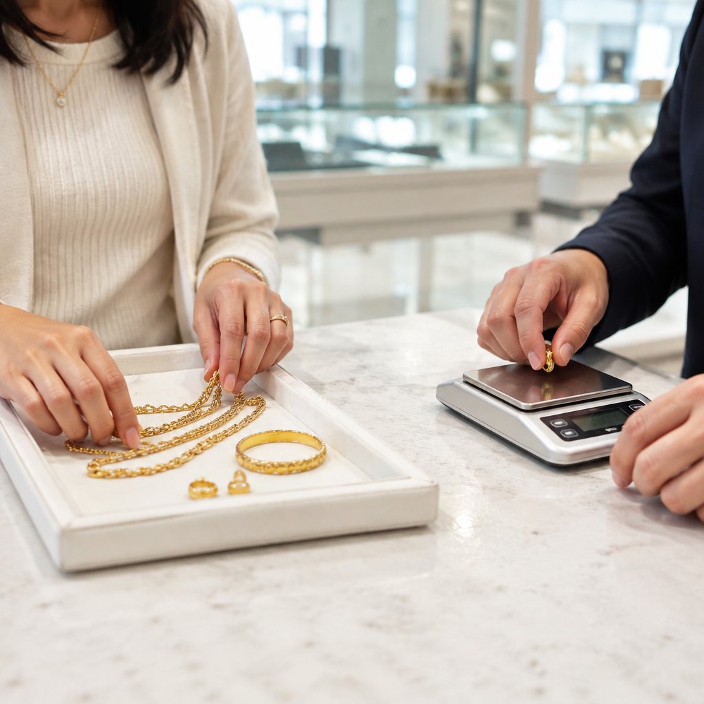 Gold chains and jewelry being evaluated at the counter