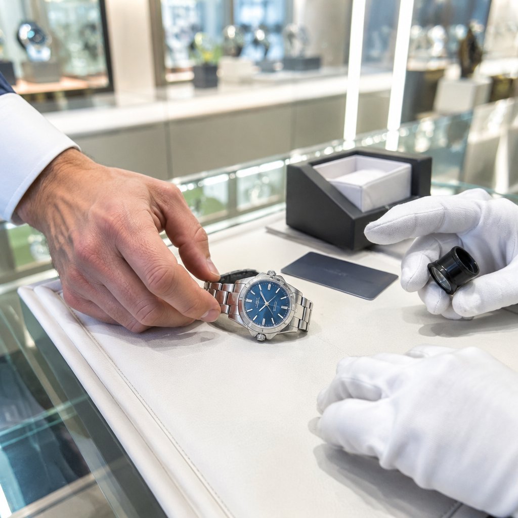 A luxury watch being appraised at the counter with a loupe