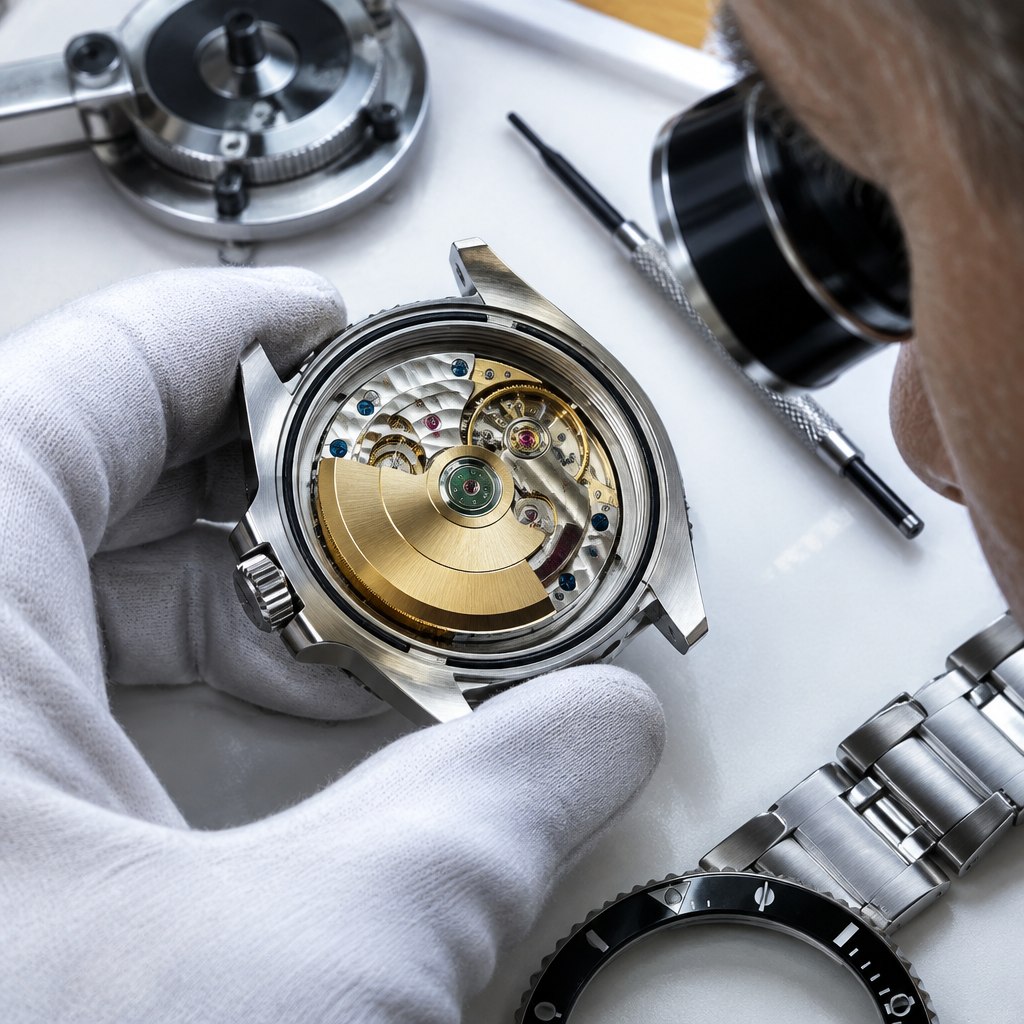Watchmaker in white gloves inspecting an opened Swiss automatic movement