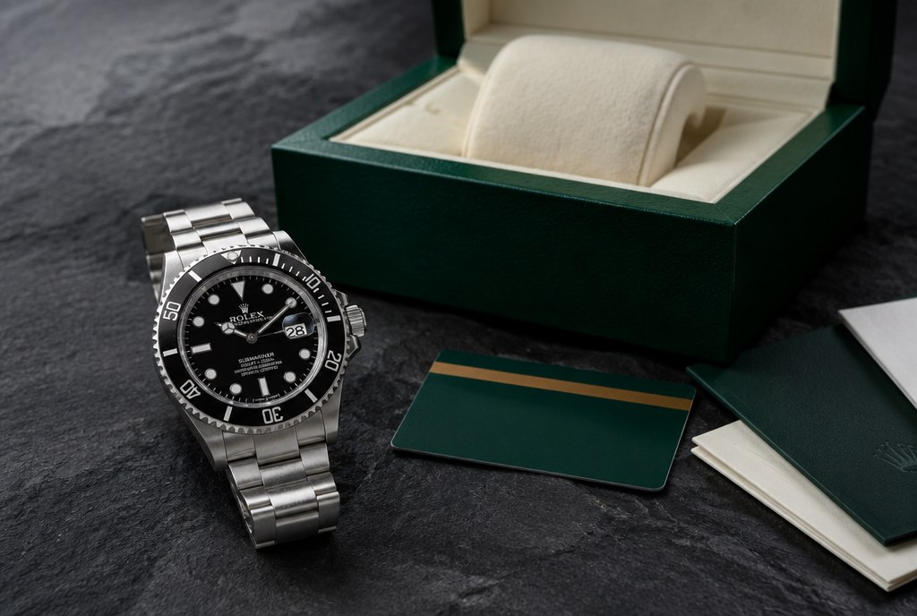 Pre-owned Rolex Submariner with original green box and warranty papers on dark slate