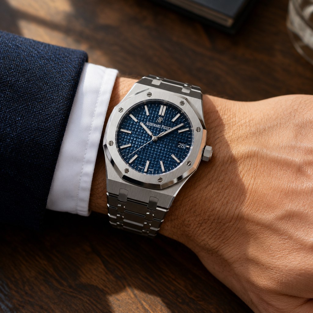 Wrist wearing a steel Swiss luxury sports watch with a shirt cuff