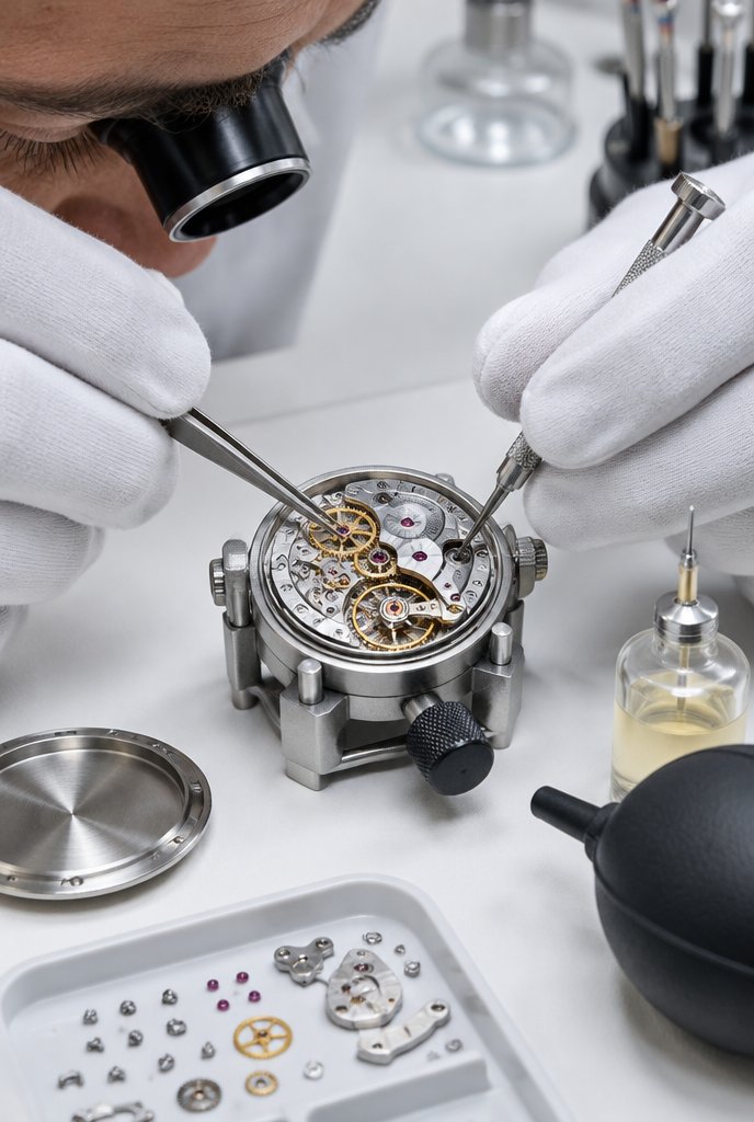 Watchmaker servicing a fine watch movement