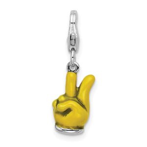 Amore La Vita Sterling Silver Rhodium-plated Polished 3-D Yellow Enameled Hand with Peace Sign Charm with Fancy Lobster Clasp