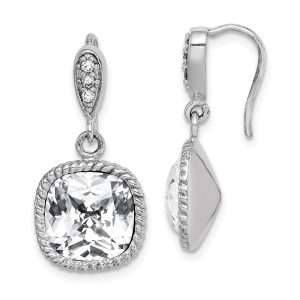 Sterling Silver Rhodium-plated Clear Cushion Crystal Dangle Earrings