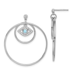 Sterling Silver Rhodium-plated Hoop w/CZ & Blue Crystal Eye Earrings