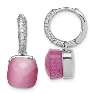 Sterling Silver Rhod-plated CZ Lab Cr Pink Cat's Eye Hinged Hoop Earrings