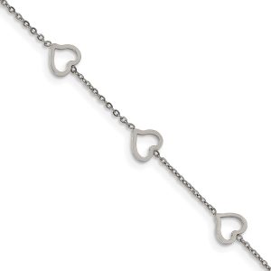 Stainless Steel Polished Hearts 7in Bracelet